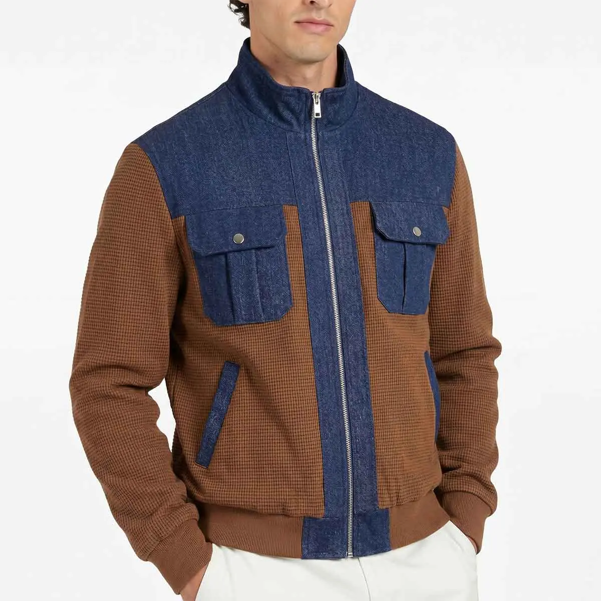 Men's Waffle Knit Bomber Jacket, a Long Sleeve Contrast Splice Windbreaker with a Full Zip and Stand Collar for Casual Daily Wear, Tops, Menswear, Zipper, Fitted, Coats, Longsleeves