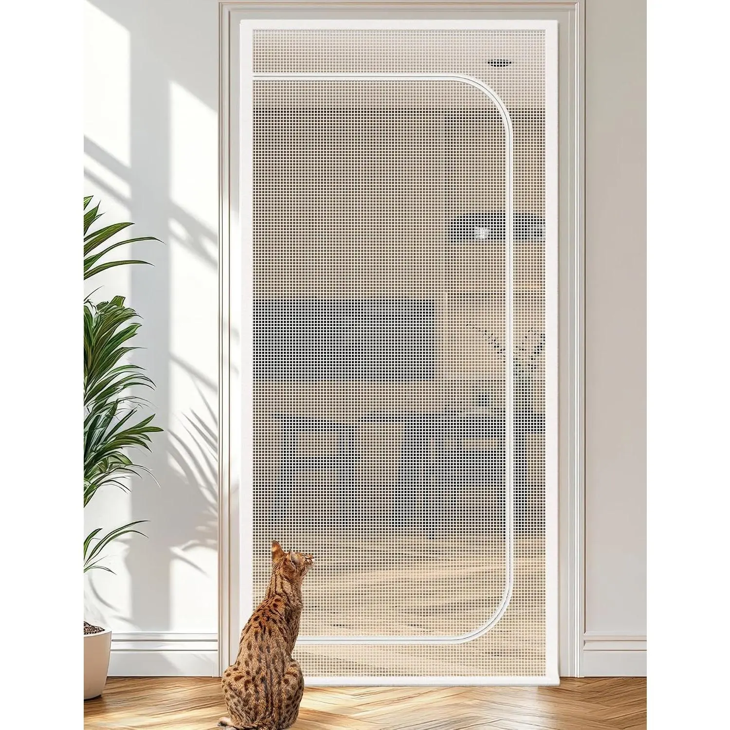 Cat Screen Door, Extra Tall Cat-Proof Mesh Gate, Fit Door Size 32'' x 80'', Anti-Cat Scratch Mesh with Zipper Closure, for Living Room, Kitchen, Bedroom (White)