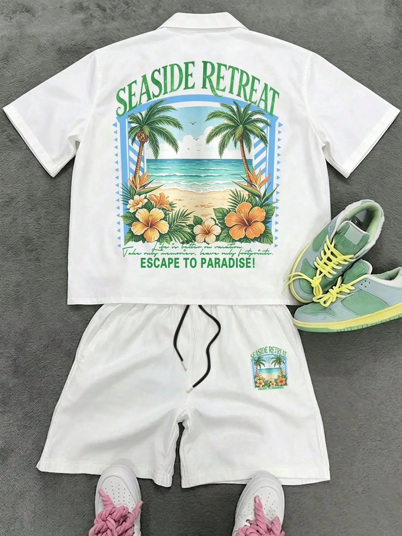 Men's Two-Piece Hawaiian Beach Set, Tropical Full-Back Print Short Sleeve Blouse + Drawstring Shorts, Casual Vacation