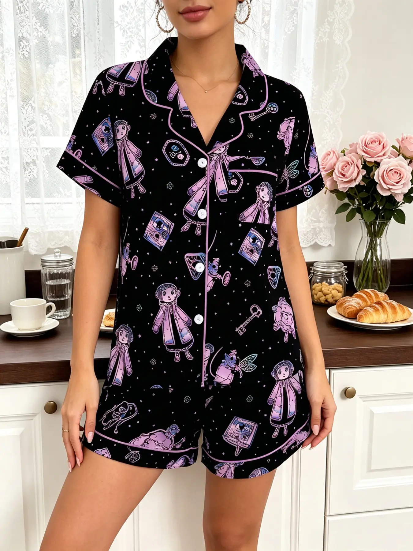 Coraline Cartoon Print Women's Pajama Set, Loungewear Pjs Set, Comfortable Wear-Outside Sleepwear, Short Sleeve Button-Up Top and Elastic Shorts, Casual Home Gift