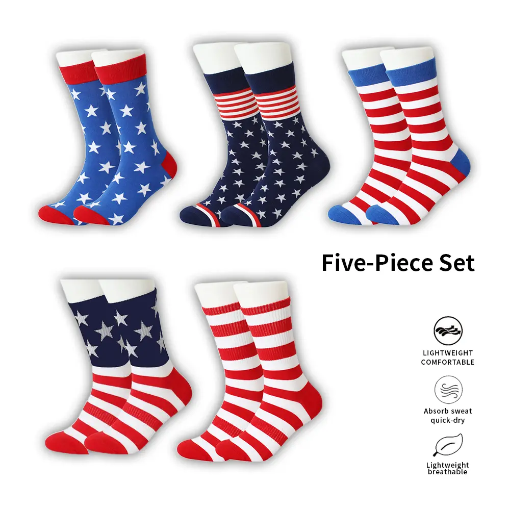 Star & Stripes Mid Calf Socks 5 Packs Retro Red Blue Stripe Crew Socks