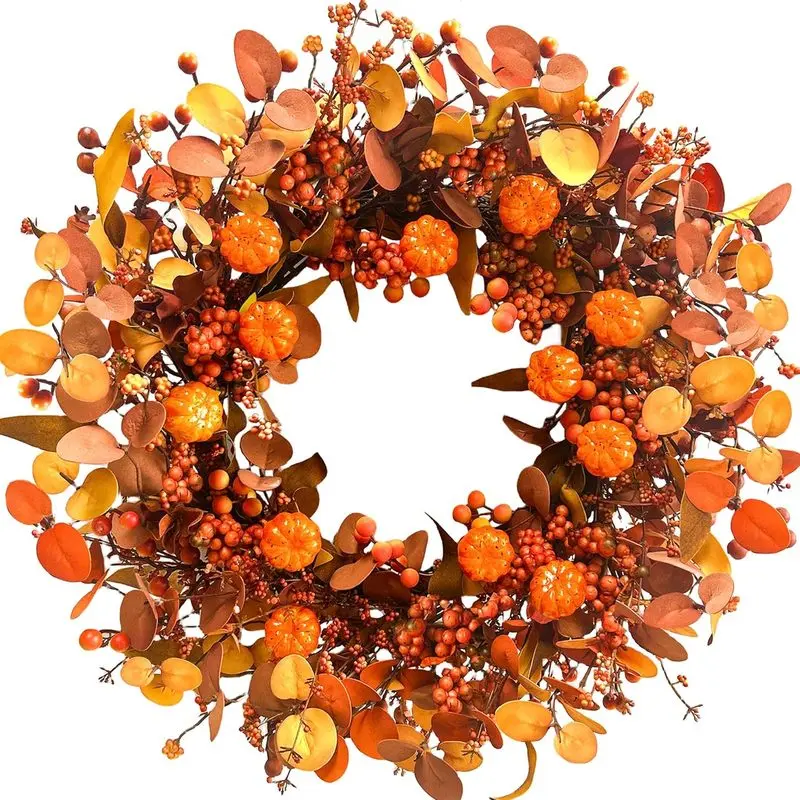 Fall Wreath 22 Inch Fall Wreaths for Front Door Autumn Pumpkin Wreaths with Orange Eucalyptus Leaves and Berries for Indoor Outdoor Thanksgiving Harvest Festival Celebrations
