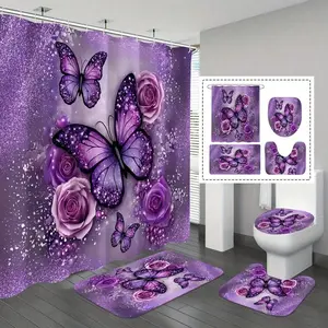 1/4 Pieces Purple Butterfly & Rose Pattern Shower Curtain Set, Shower Curtain With 12 Hooks, Non-Slip Bathroom Mat, U-Shaped Toilet Mat, Toilet Mat, Bathroom Decor Accessories, Multiple Sizes Available Christmas Decor