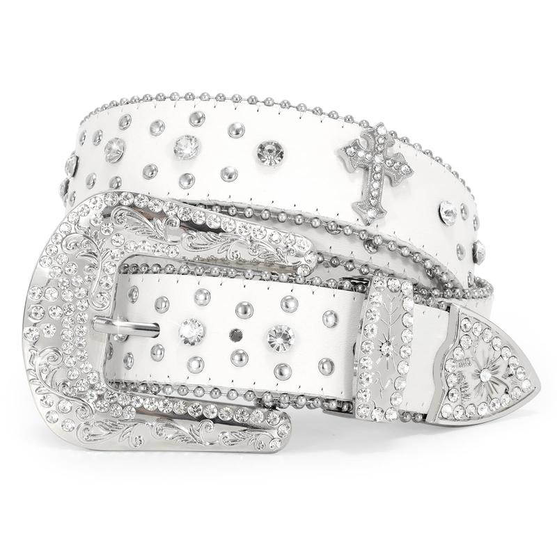 XZQTIVE Rhinestone Belt for Women & Men - A Fusion of Fashion & Western Charm, Cowgirl Cowboy Bling Style, Cross-Design Leather Belt with Diamond Studs, Perfect for Jeans & Dresses