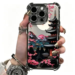 Artistic Cherry Blossom Clock Tower Scenery Phone Case Suitable for iPhone 16/15/14/13/12/11 Pro Max, Plus X  XS  MAX  Electroplated Anti-Drop Transparent Soft Back Cover iPhone case