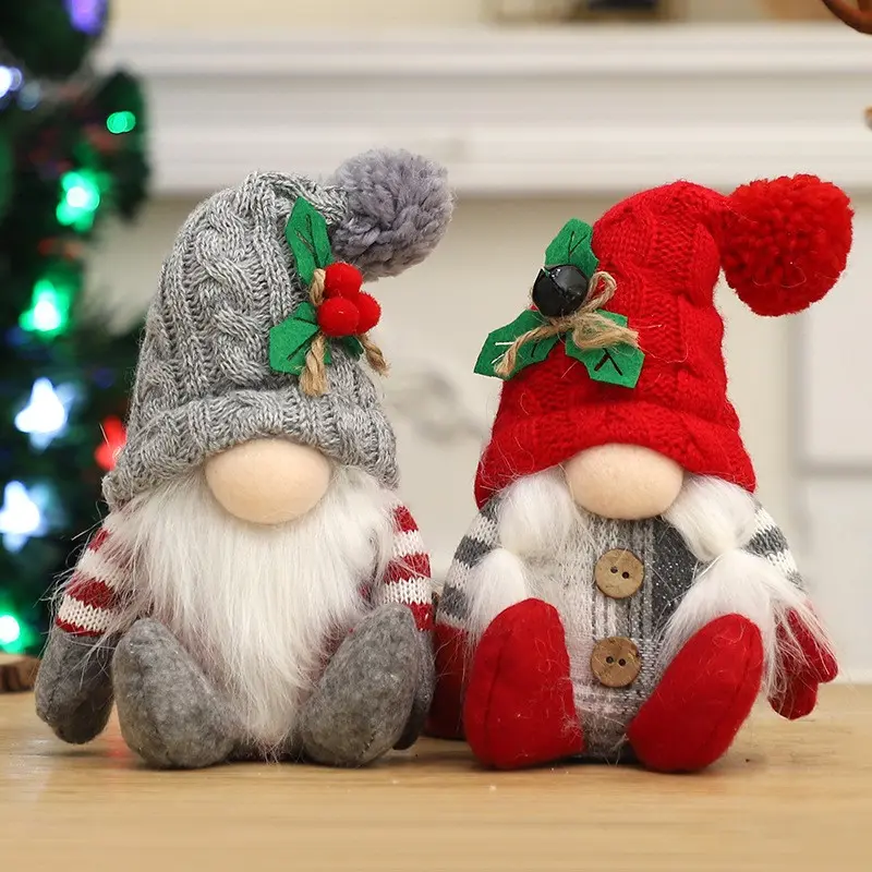 Cute Knitted Pom Pom Hat Christmas Gnome Plush Dolls, 2 Styles Holly Berry & Bell Faceless Santa Gnomes, Xmas Tabletop Home Christmas Decor, Perfect Christmas Holiday Gift