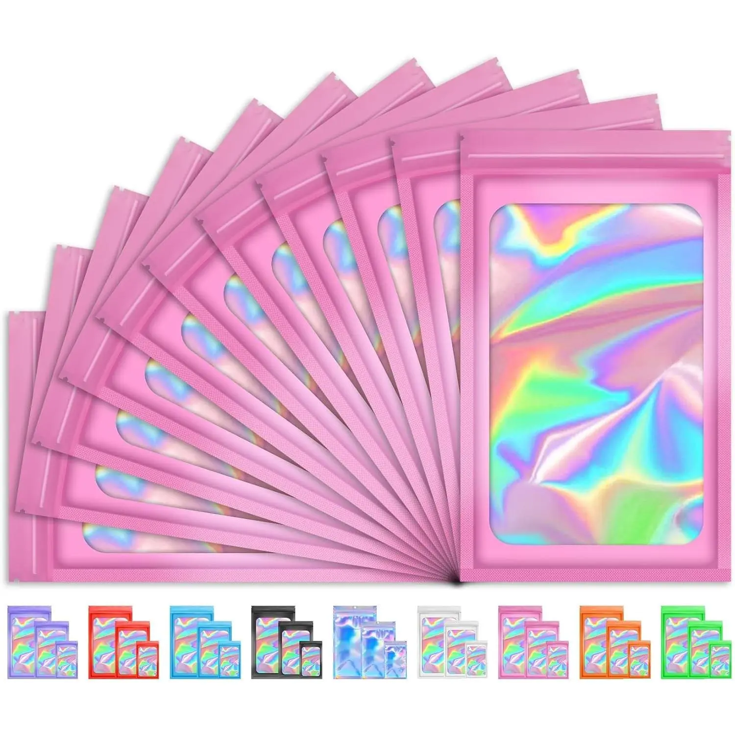 100 PCS Holographic Bags, Smell Proof Bag, Resealable Gift Bags, Clear Bags for Food Storage, Party Favor Bag, Mylar Sample Bag for Jewelry, Lipgloss, Eyelash | Pink, 2.4x3.9 Inch