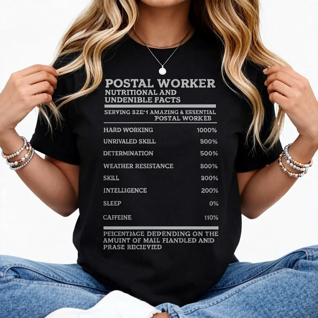 postal worker nutritional facts, mail carrier, mail lady T-Shirt,Made in USA