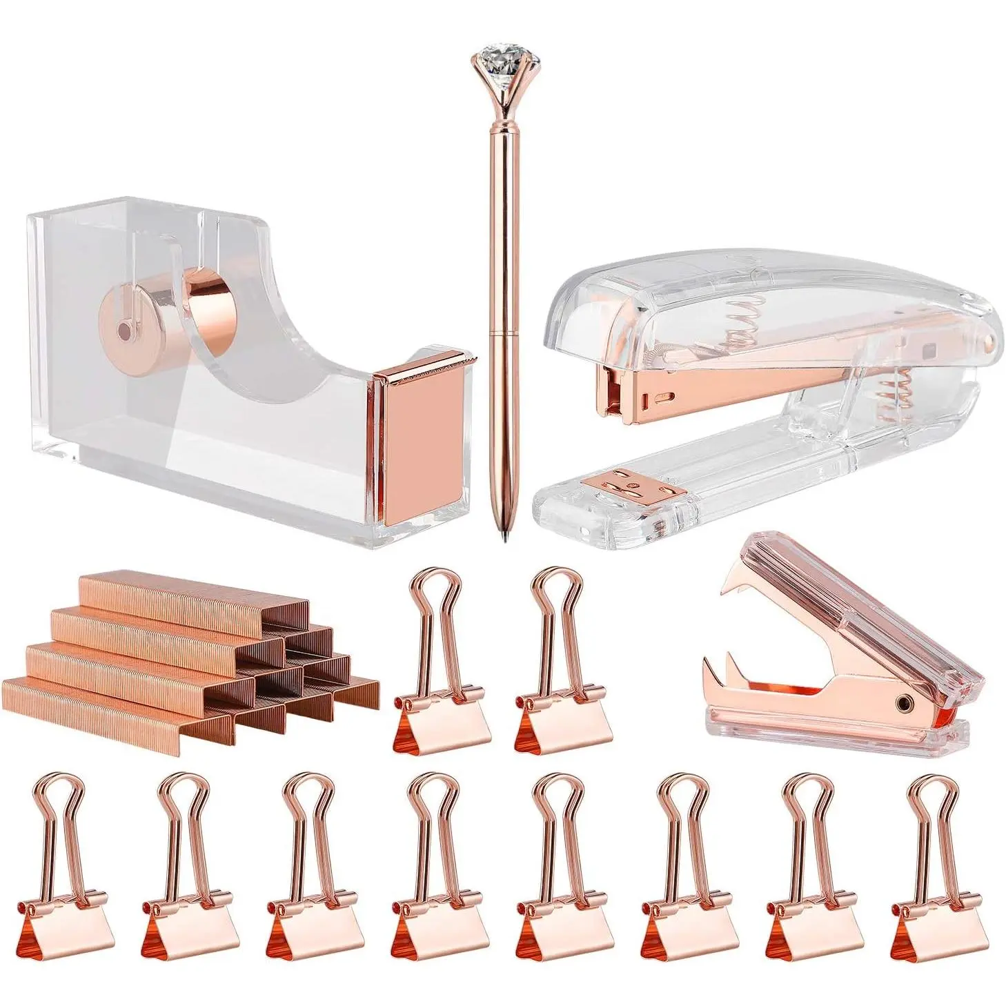 Rosegold Desk Accessory Kit,Set of Stapler, Staple Remover,1000pcs ,Tape Dispenser,Big  Ballpoint Pen and 10 count Binder Clips