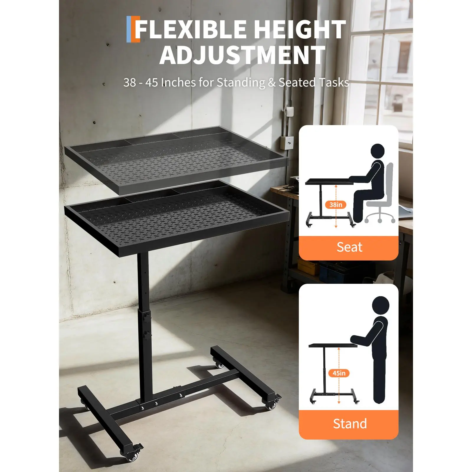 220LBS Capacity Steel Adjustable Rolling Work Table with Wheels and Tool Tray - Height 38"-45" - Mobile Workbench for Garage, Repair Shop, Mechanic, DIY - Orange/Black