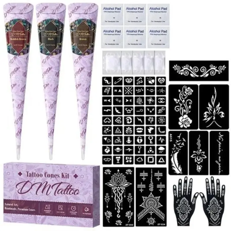 Natural Henna Tattoo Cones Kit, Multi Shades Temporary Tattoo Paste with Multiple Stencils, Waterproof Long Lasting DIY Body Art Tattoo Kit, Perfect for Music Festival, Party, Vacation & Daily Hand Arm Decor