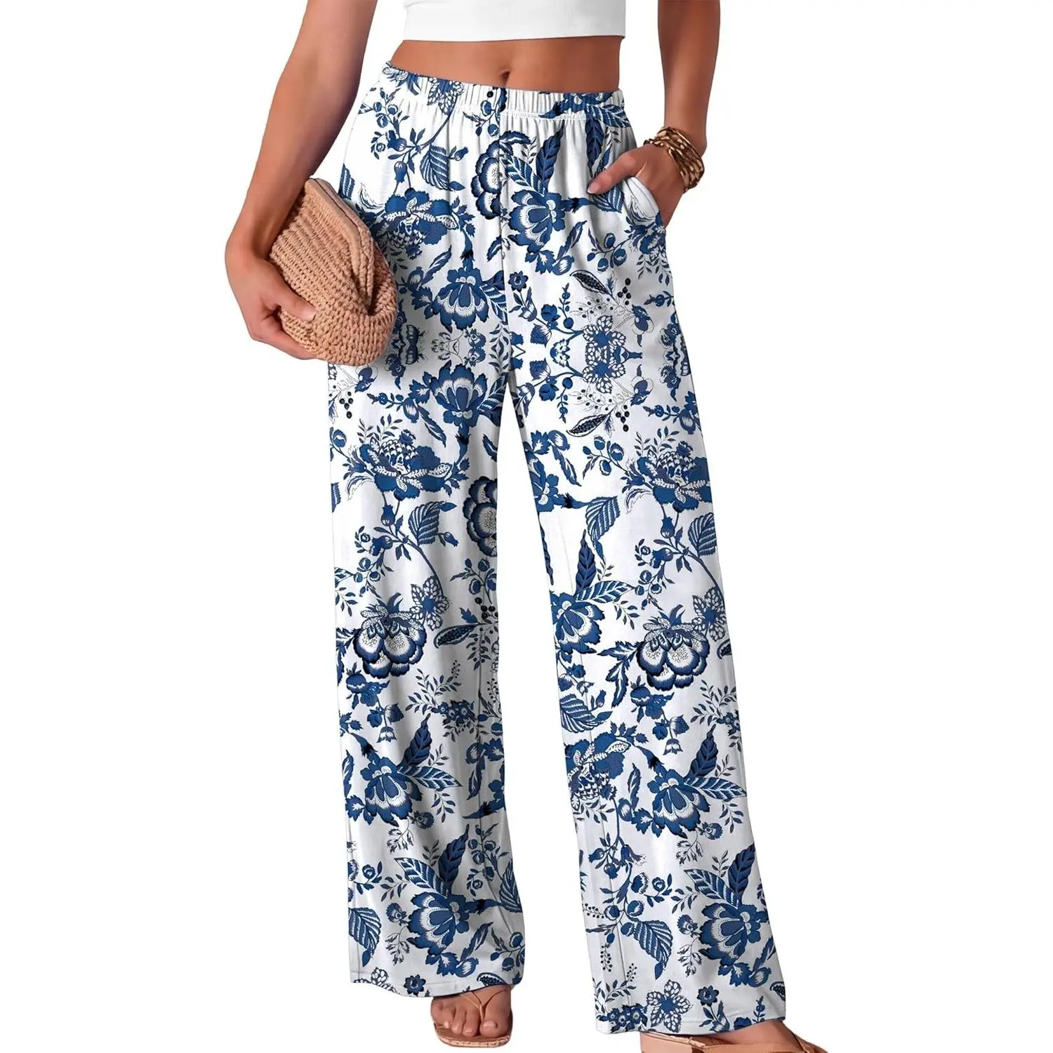 Women's Flowy Wide-Leg Elastic Waist Palazzo Bottoms with Pockets for Spring Summer Outfits, Trousers