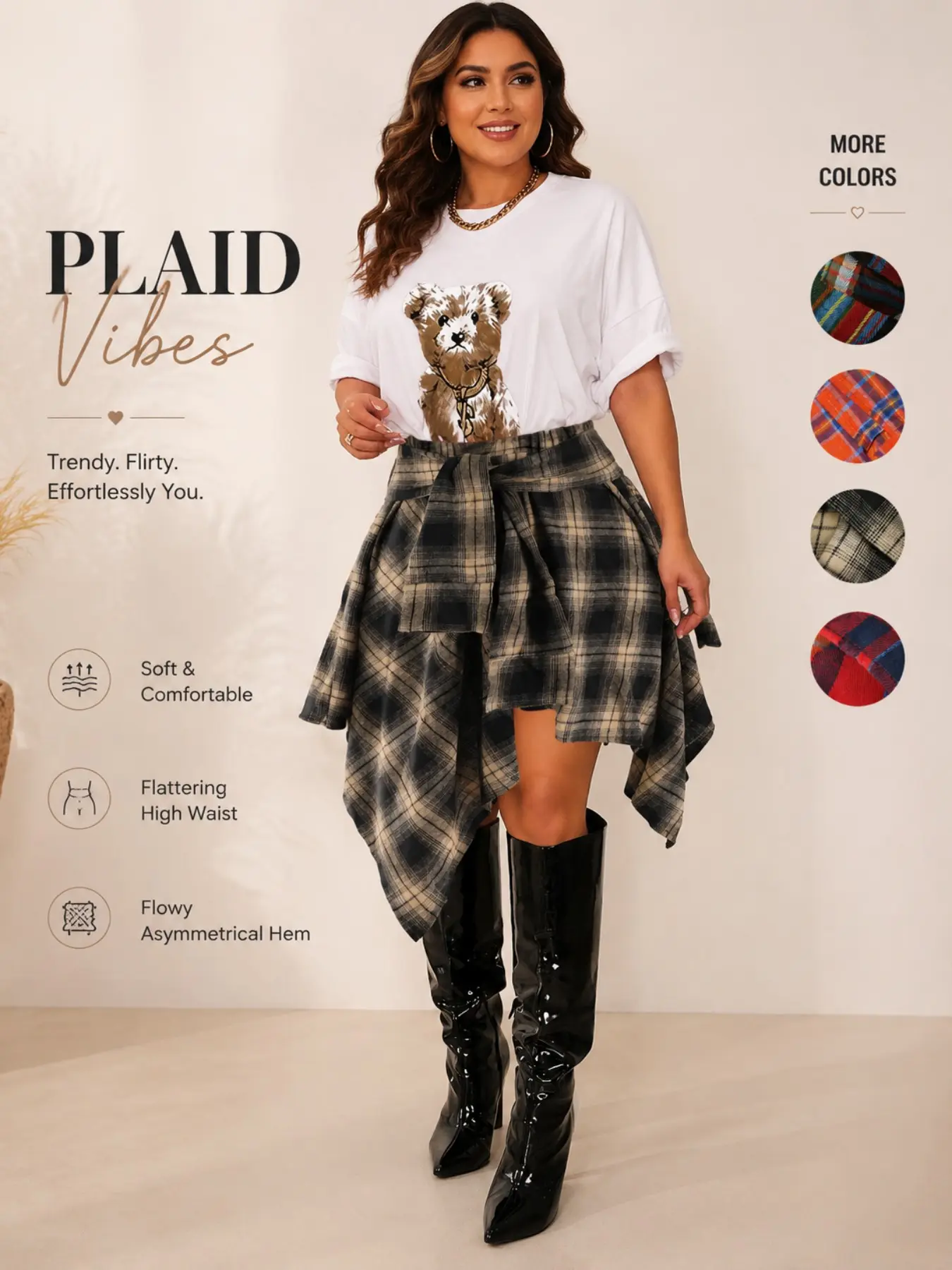 [Plus Size] Plaid Print Jersey Asymmetrical Hem Skirt, Casual Knee Length Fit Skirt for Fall & Winter, Women's Bottoms for Daily Wear Garment Fashion Plaid Skirt
