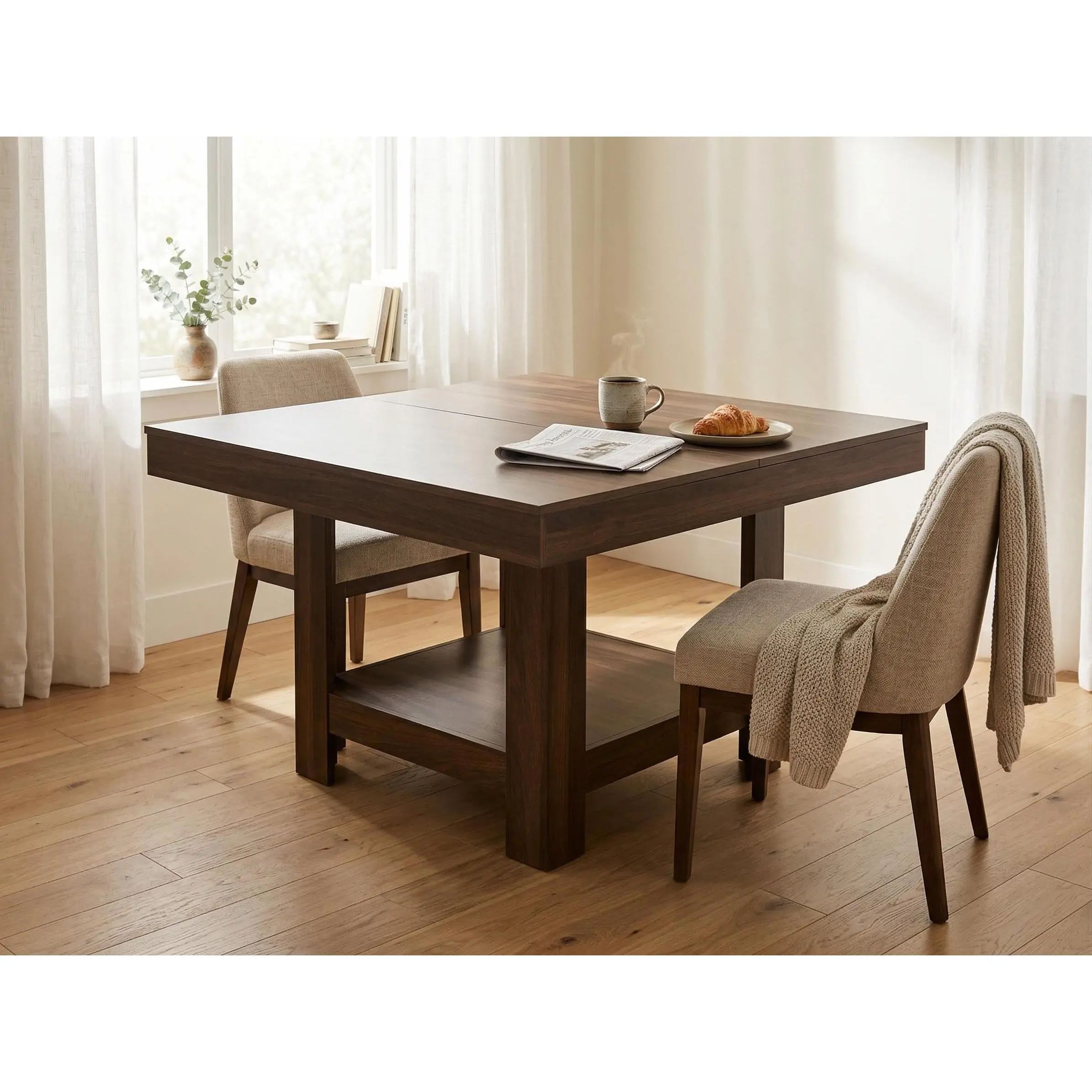 Garvee Modern Triangle Leg Dining Table with Storage - MDF and PB Construction, Space-Saving Design, Compact Size, Wooden Finish, Square Shape