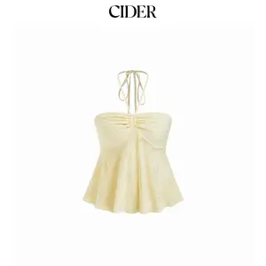 Cider Halter Neck Shirred Lace Ruched Drawstring Crop Top SummerWins SummerFinds