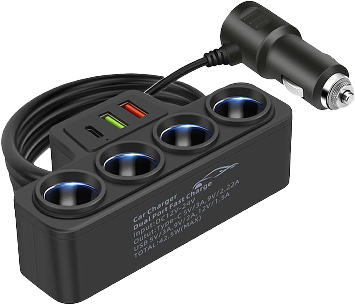 120W Multi-Function Cigarette Lighter Splitter, Cell Phone Car Charger, 4 Cigarette Lighter Sockets, 1 PD Fast Charger Port 2-Port USB Power Adapter for Cell Phones Adapter