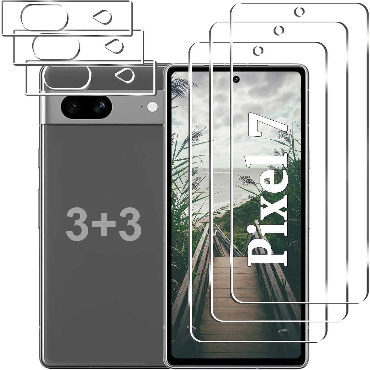[3+3 Pack] Pixel 7 Screen Protector + Camera Lens Protector, HD Tempered Glass Film, Fingerprint Unlock, Anti-Scratch, Easy Installation, Bubble Free, 9H Glass Screen Protector for Google Pixel 7 5G