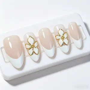 Style Almond Shape Wearable Nails, Nude Milk Block, Gold Flower Decoration, Reusable, Easy to Apply, Perfect for Daily Use