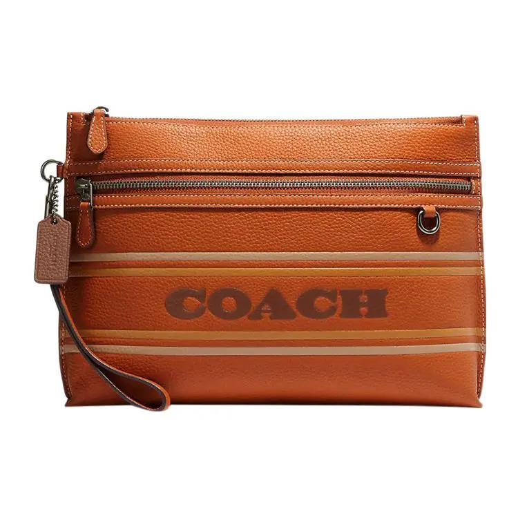 COACH Carry Pouch 29 Women's Embossed Logo Zippered Tote in Pebbled Leather, Brown