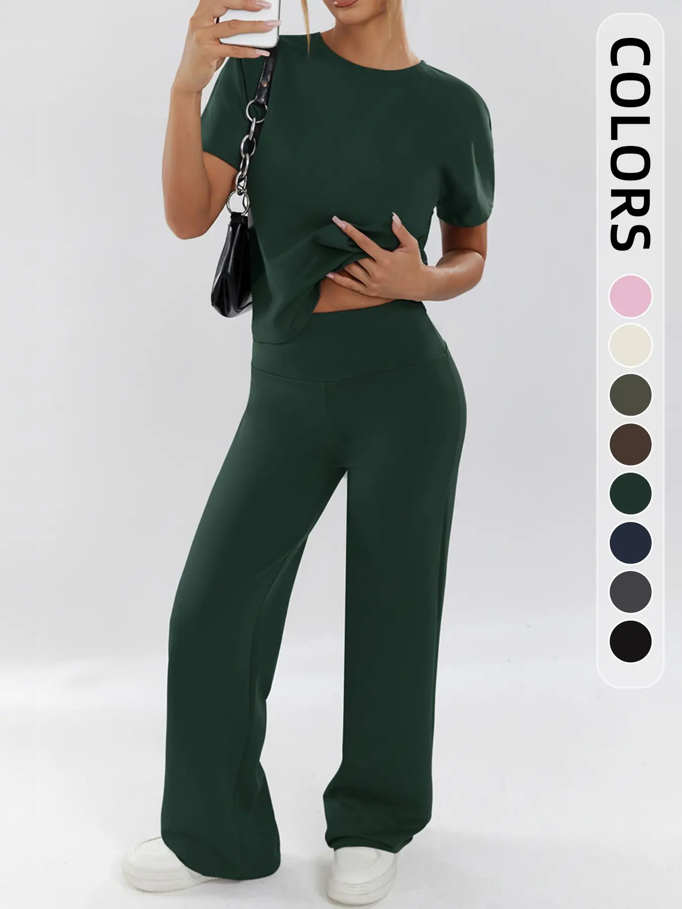 Women's Two-Piece Set, Loose-Fit Short Sleeve Top & High Waist Wide-Leg Pants, Breathable Fabric, Ideal for Yoga, Gym & Running, Casual Activewear Set, Loose Casual Athleisure