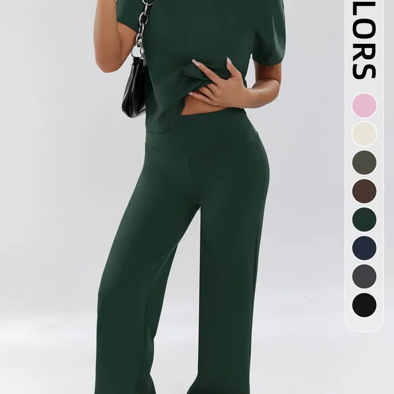 Women's Two-Piece Set, Loose-Fit Short Sleeve Top & High Waist Wide-Leg Pants, Breathable Fabric, Ideal for Yoga, Gym & Running, Athleisure Gym Clothes, Casual Activewear Set, Loose Casual Athleisure