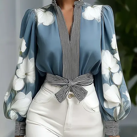 Women's Fashion Long Sleeve Aesthetic Shirt Patchwork Design, Stand Collar, Includes Belt, Perfect for Fall & Winter Evening