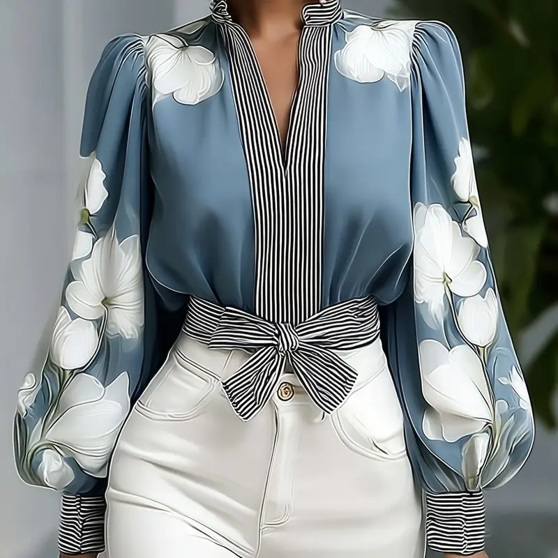 Women's Fashion Long Sleeve Aesthetic Shirt Patchwork Design, Stand Collar, Includes Belt, Perfect for Fall & Winter Evening