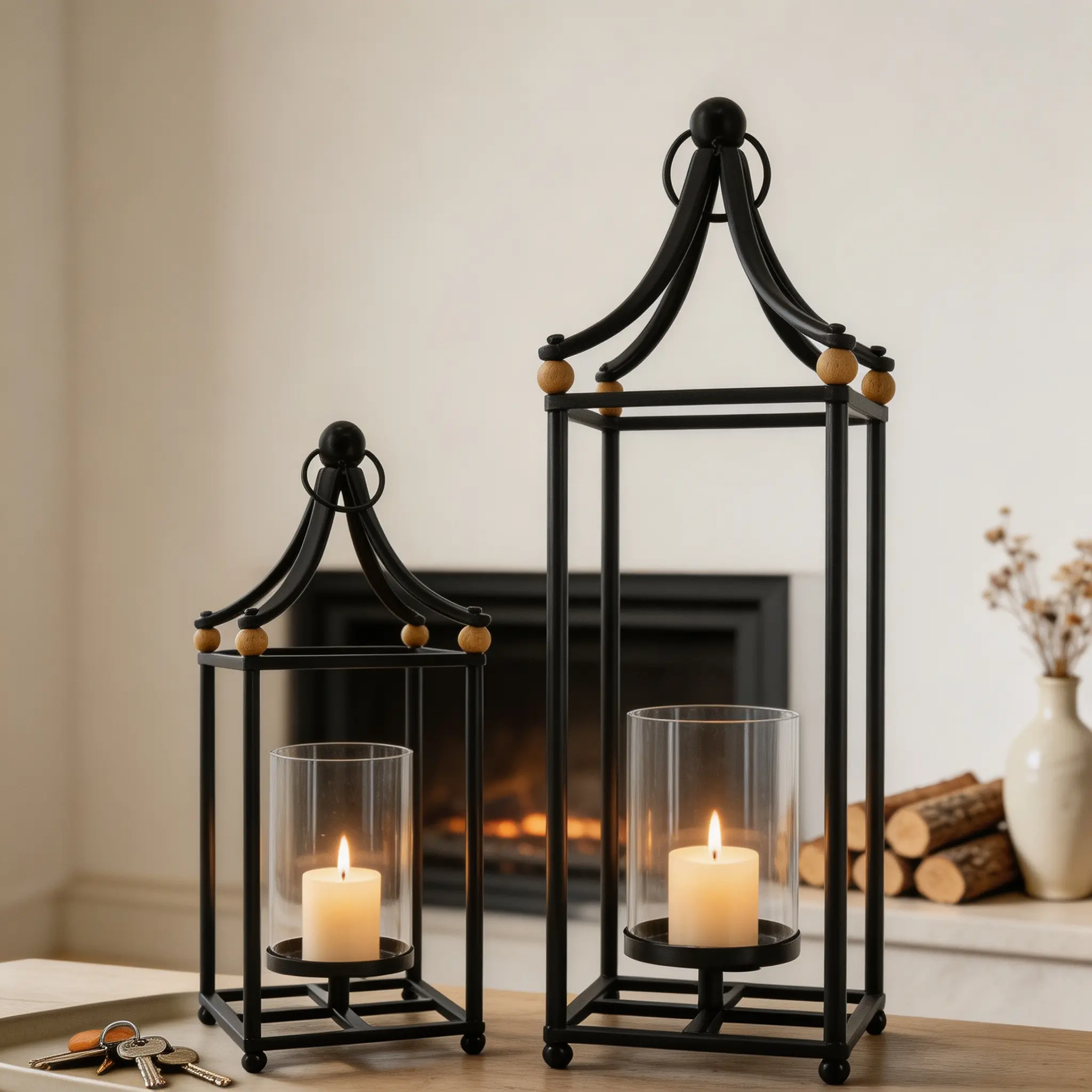 Set of 2 Black Arched Iron Lantern Decor, Tall & Short 2 Sizes Metal Candle Lantern Holder, Vintage Farmhouse Hanging Lantern for Tabletop Patio Wedding Home Decor