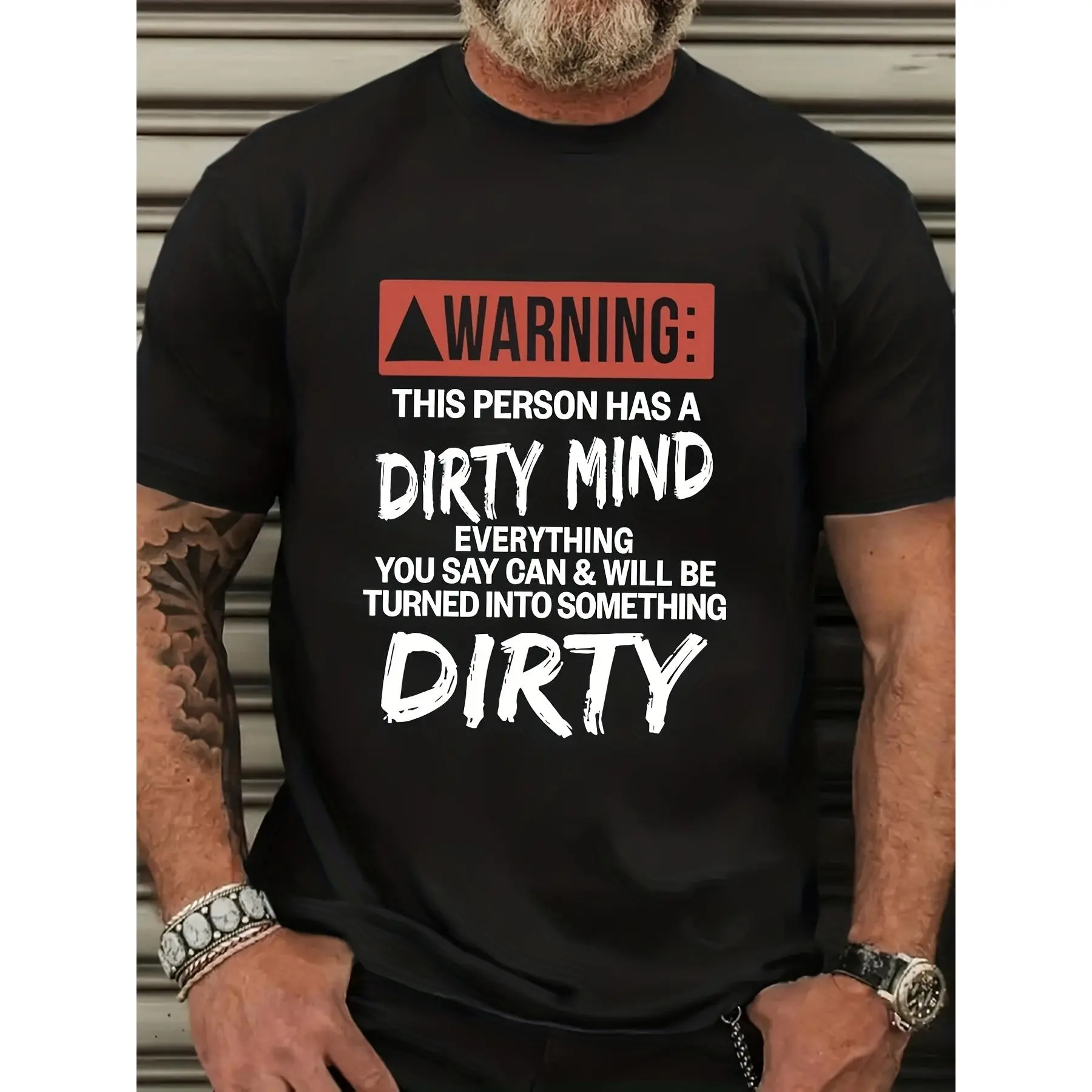 Men's Knitted Round Neck 100% Cotton T-Shirt, Black, S-3XL, "Warning This Person Has A Dirty Mind" Funny Print, Sarcastic Quote Graphic, Casual Sport Top, Sarcastic Gift, Fabric, Tshirt