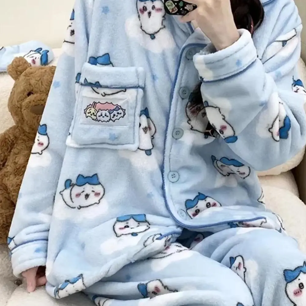 Chiikawa Hachiware Winter Pajamas Set Cartoon Flannel Sleepwear Pants Usagi Japanese Y2K Anime Warm Pajama Student Home Clothes