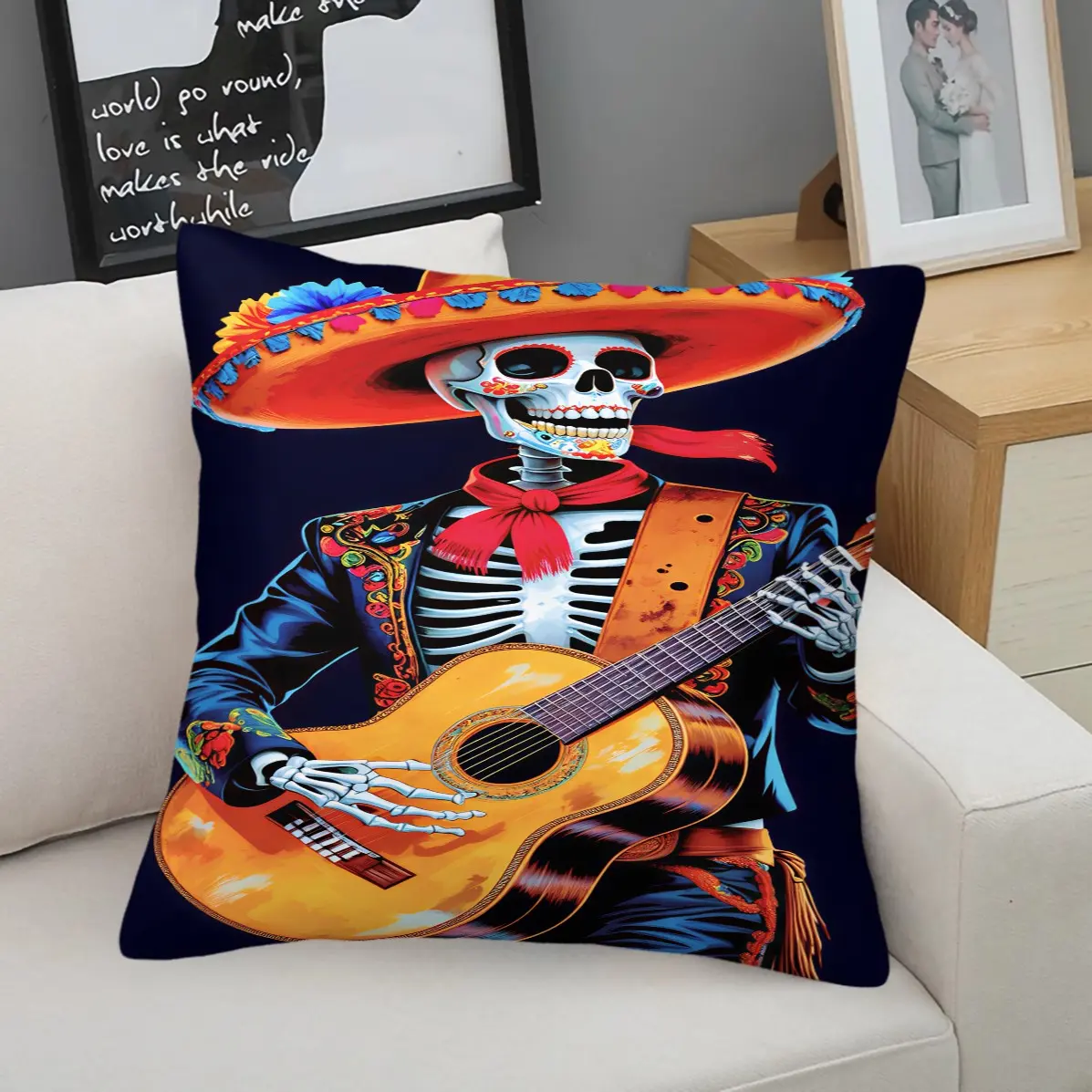 45x45cm1Pc Dark Rock Halloween Throw Pillow, Cemetery Top Hat Electric Guitar Skeleton Rose Print, Trendy Home Holiday Decor Cushion With Insert