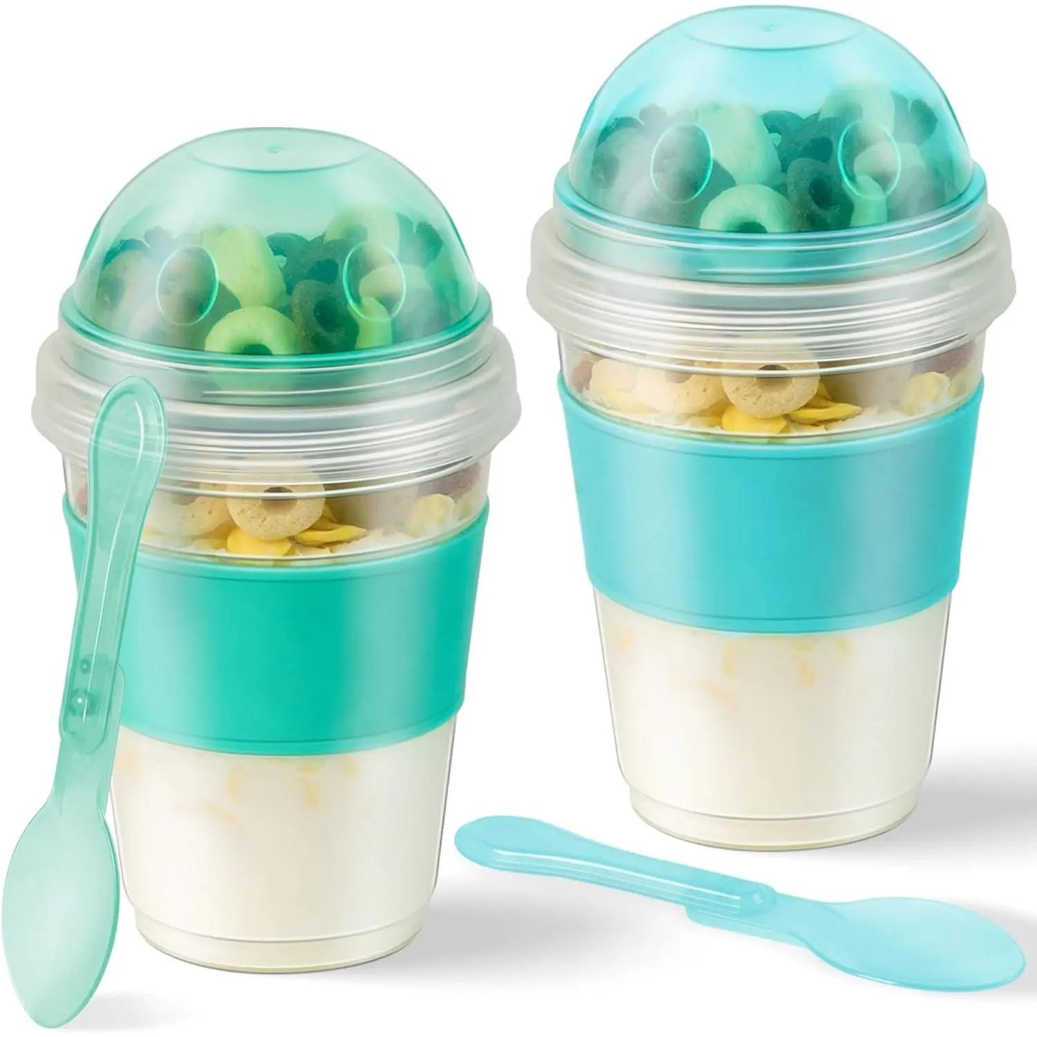 4 Pack 20 oz Yogurt Parfait Cups with  & Folding Spoons |  &  Overnight Oats Containers, Dry Wet Separation Topping Compartment for Breakfast Meal Prep (Blue&Green)