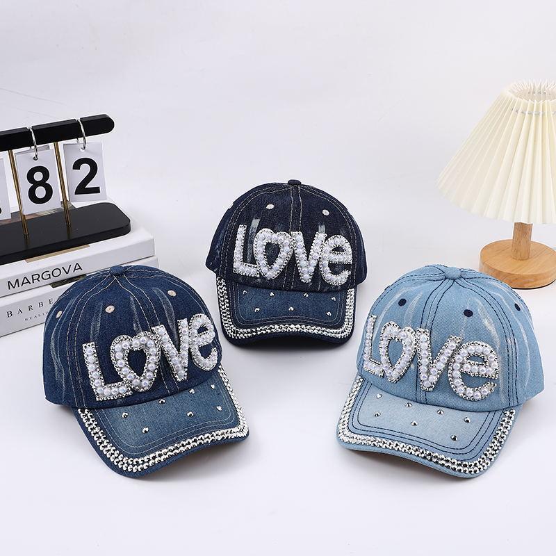 European and American handmade rhinestone-embellished sun protection hat, washed denim LOVE letter baseball cap for women, versatile sunshade from manufacturer