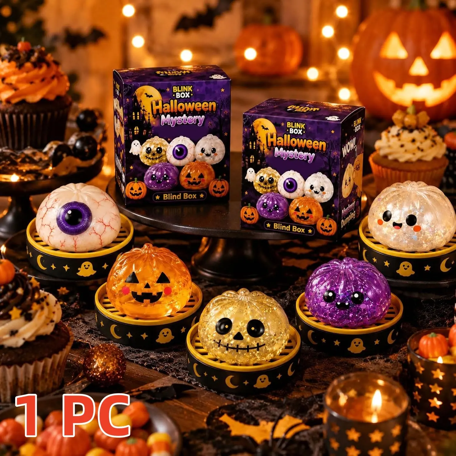 Halloween dumpling squeezing plush toy, blind box slow rise soft sensation decompression and kneading music, ghost shaped decompression and holding plush, Halloween party small gift adult gift box