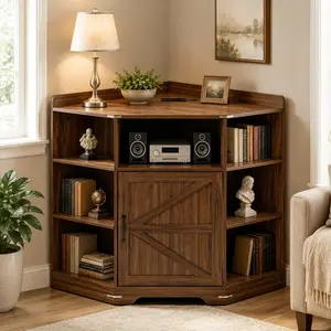 ARCH Corner Cabinet with Charging Station, 6-Cubby Wooden Bookshelf with USB Ports and Outlets, Industrial Storage Shelf Organizer for Living Room, Study, Playroom, Walnut MDF+LVL, Walnut Color Options, MDF+LVL Material, Product Dimensions: 23.62 W
