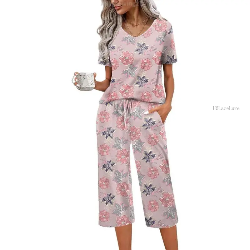 Womens Pajama Sets Soft Cotton Pj Short Sleeve Top with Capri Pants Sleepwear 2 Piece Print Loungewear,S-XXLASageLiving27H6LaceLure
