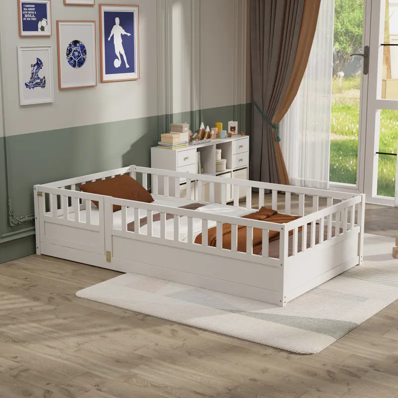 Twin Size Floor Bed, Integral Construction with Super High Security Barrier, Door, Children's Floor Bed Frame, Montessori Wooden Children's Floor Bed