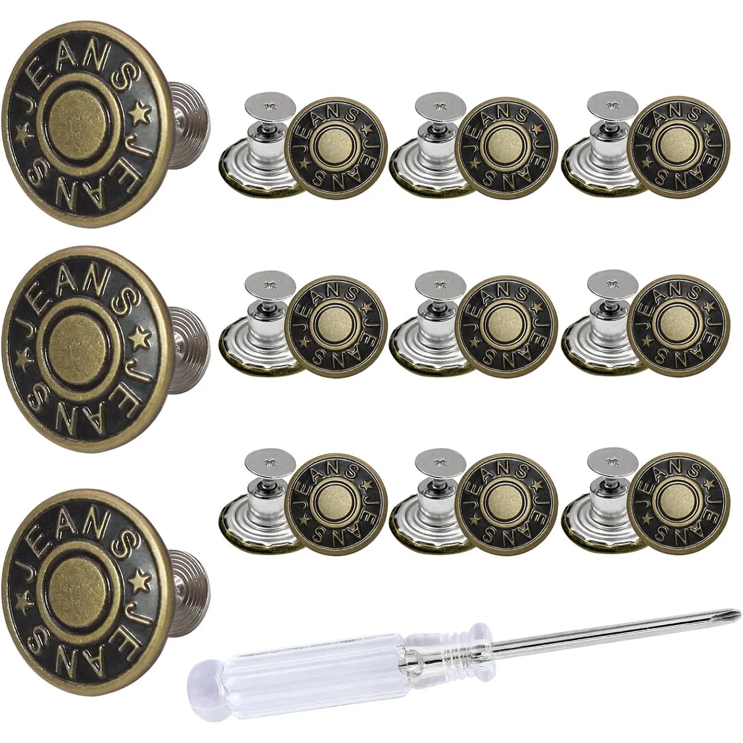 12 Sets Jeans Buttons  17mm Jeans | Adjustable, No Sew Removable, Metal Pants Buttons, For Loose Jeans, With Screwdrivers