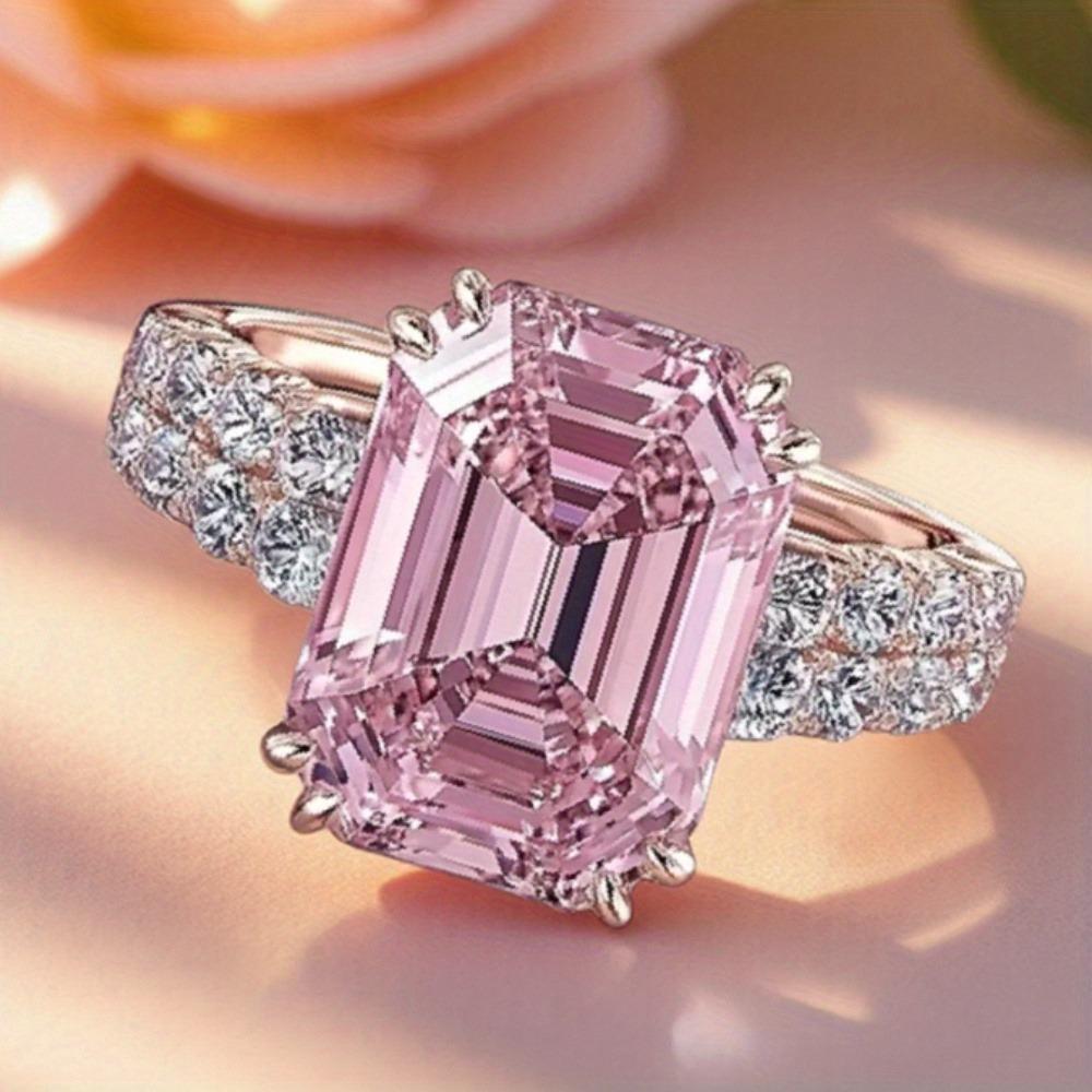 Shiny Pink Square Ring – Sparkling Cubic Zirconia, Silvery Plated, Ideal for Bridal Engagements, Anniversaries, Daily Wear – Cute Stylish Jewelry for Girls, Student Gifts
