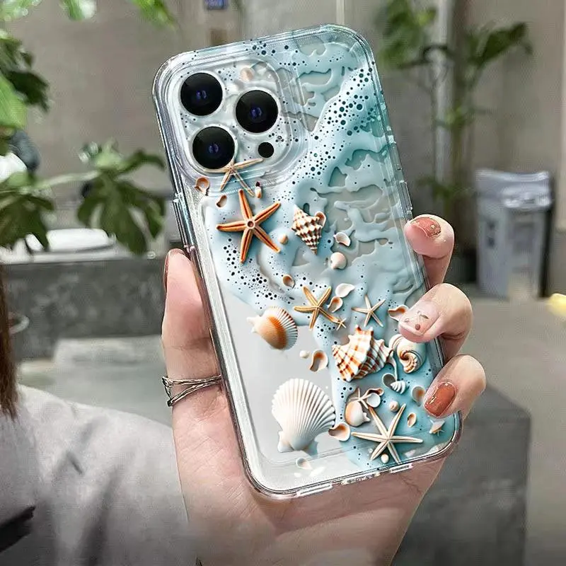 3D Beach Starfish Shell Phone Case For iPhone 17 16 15 14 13 12 11 Pro Max Ocean Wave Print TPU Shockproof Cover