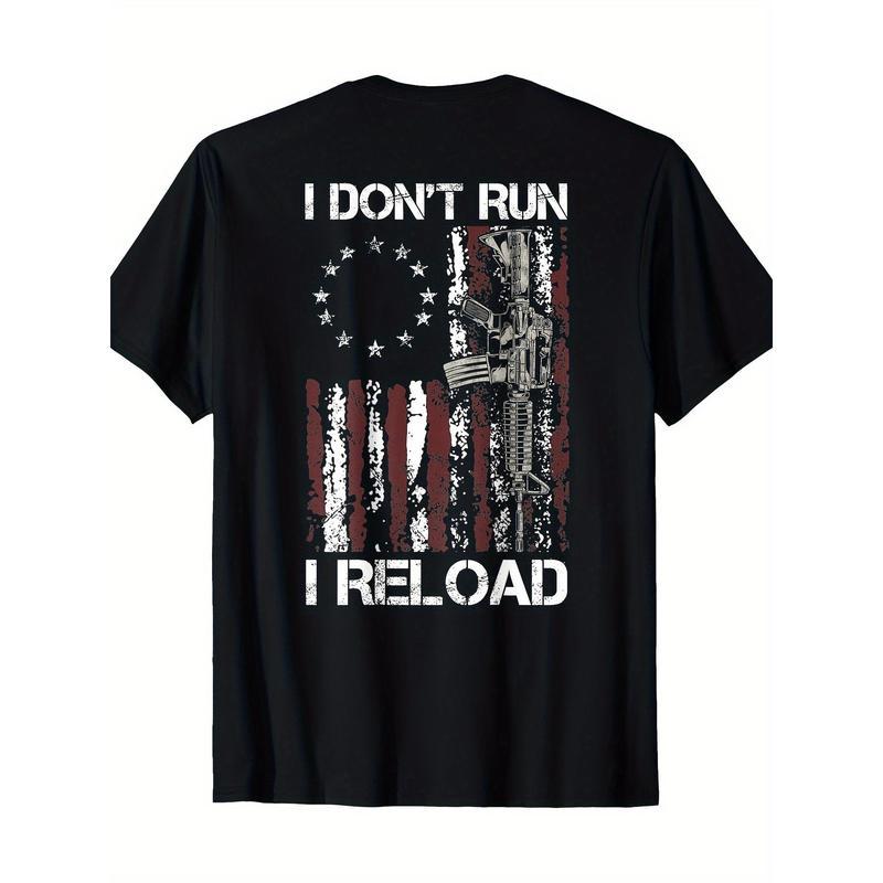 Cotton American Flag Patriots T-Shirt - 'I Don't Run I Reload Gun' Design, Short Sleeve, Round Neck, Machine Washable