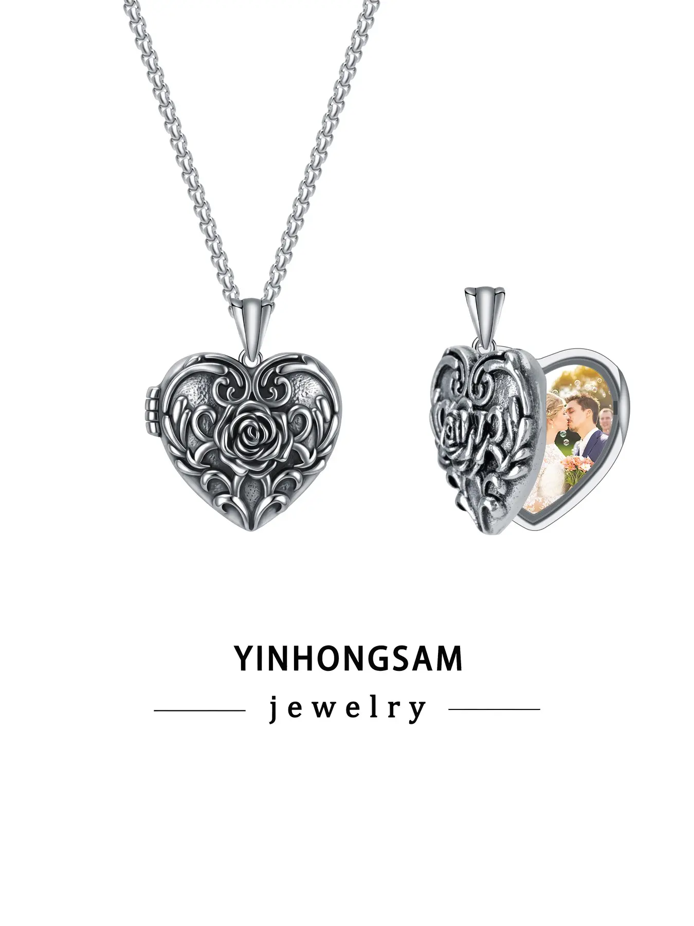 Yinhongsam Romantic Rose Heart Photo Box Necklace, Anniversary Gift for Her with Gift Box, Copper Chain, Metal Coating, Choking Hazard Warning