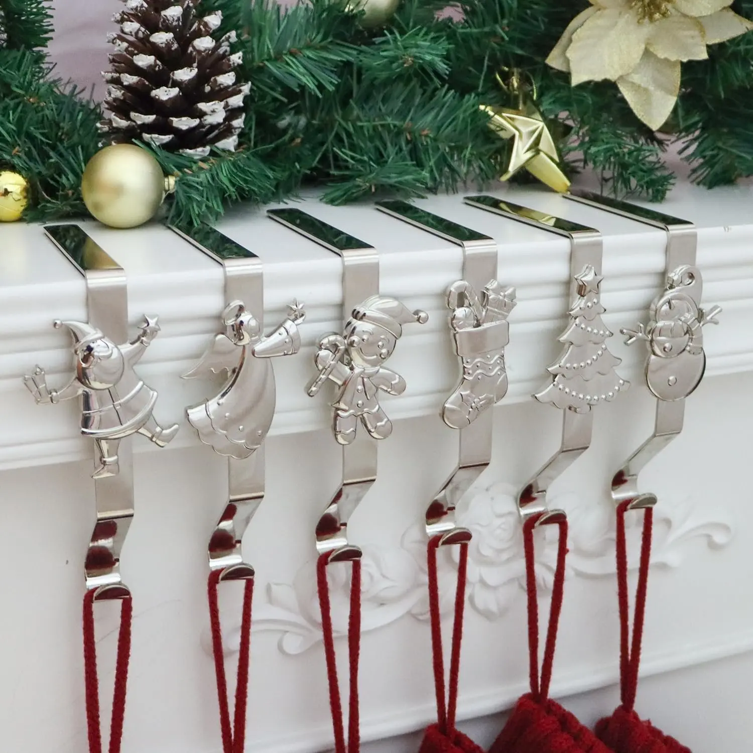 Christmas Stocking Holder for Mantle, Reusable Christmas Stocking Hooks, No-Damage Xmas Hanger for Fireplace Mantle Grip Stand Christmas Decoration Ornaments Hanging Shelf Floor