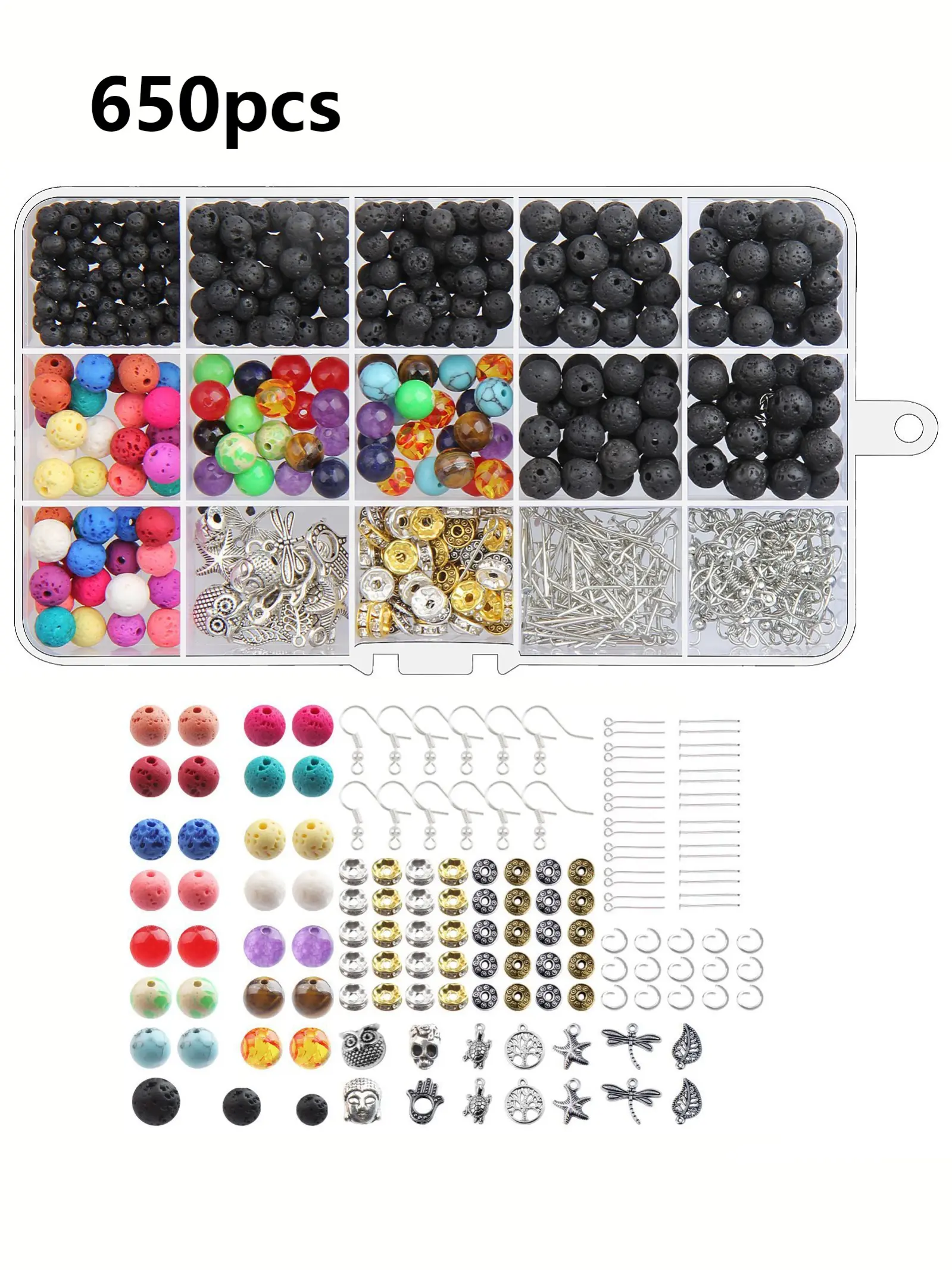 650pcs Natural Lava Bead Jewelry Making Kit, Earring Hooks, Metal Backing Plates, DIY Bracelets, Earrings, Necklaces Craft Supplies
