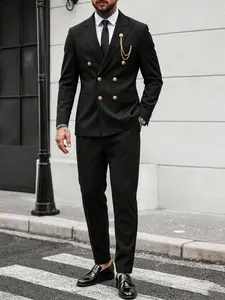 A men's business-style suit set suitable for various formal occasions—such as business meetings, dates, and weddings. It features gold button accents that add a touch of sophistication and is crafted from soft, shape-retaining fabric.