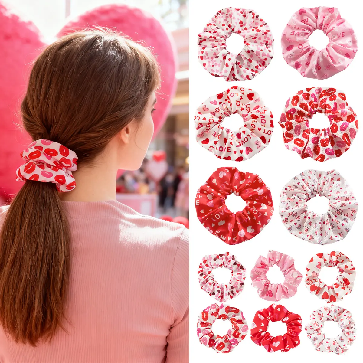 New Valentine's Day Sweet Heart Lip Print Large Elastic Fabric Scrunchies for Women Ponytail Hair Ties Holiday Hair Accessories