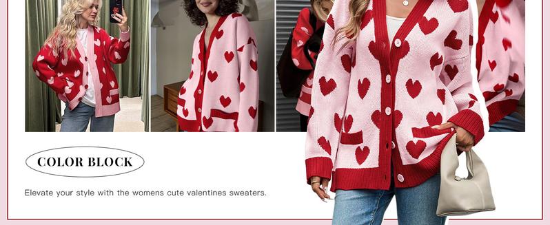 Saodimallsu Womens Oversized Heart Cardigan Color Block V Neck Button Long Sleeve Chunky Valentines Sweaters with Two Pockets & Contrast Trim Saodimallsu Womens Oversized Heart Cardigan Color Block V Neck Button Long Sleeve Chunky Valentines Sweaters with Two Pockets & Contrast Trim