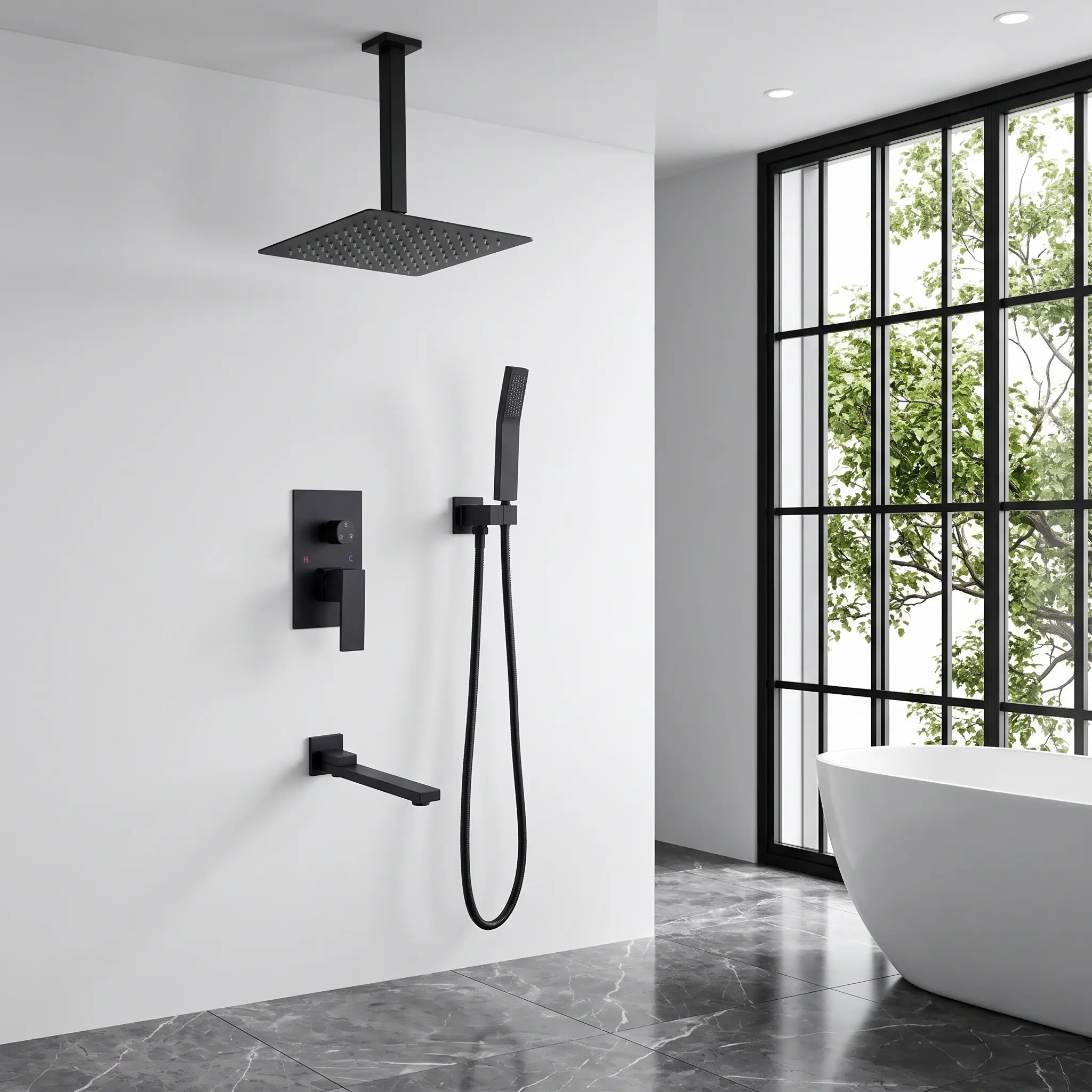 ARCH Matte Black Shower System with Tub Spout, 10-Inch Rainfall Shower Head and Handheld Spray, Brass and Stainless Steel Bathroom Shower Set, Ceiling Mount Rough-In Valve Included, Complete Shower Fixture Kit for Bathroom, Matte Black Color Options