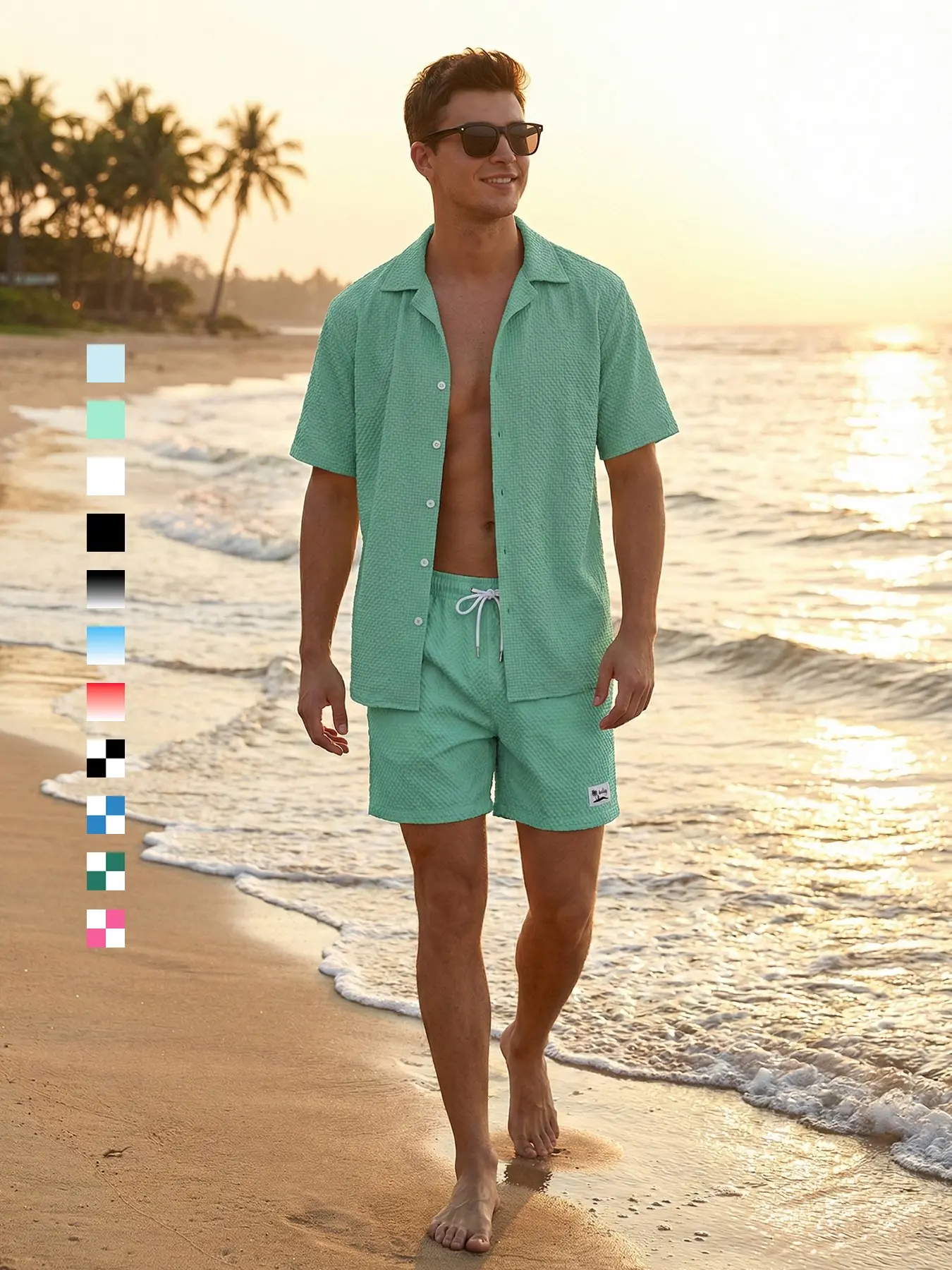Men's Seersucker Beach Suit Summer Vacation Casual 2-Piece Set Short Sleeve Button Down Shirt T-Shirt Tee Tops Beach Shorts with Side Pockets and Triangle Mesh Lining