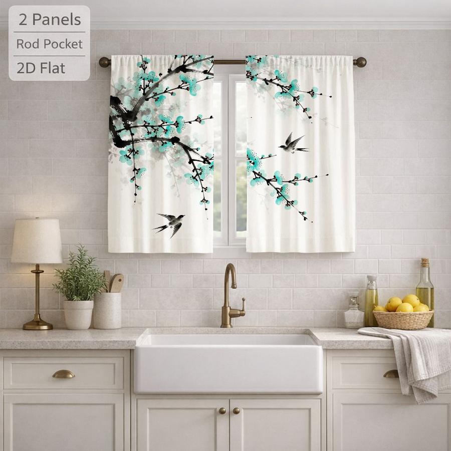 2Pcs Chinese Style Plum Blossom & Bird Pattern Decorative Sun Blocking Curtains Digital Printed Rod Pocket, Window Treatment For Bedroom Office Kitchen Living Room Study Home Decor